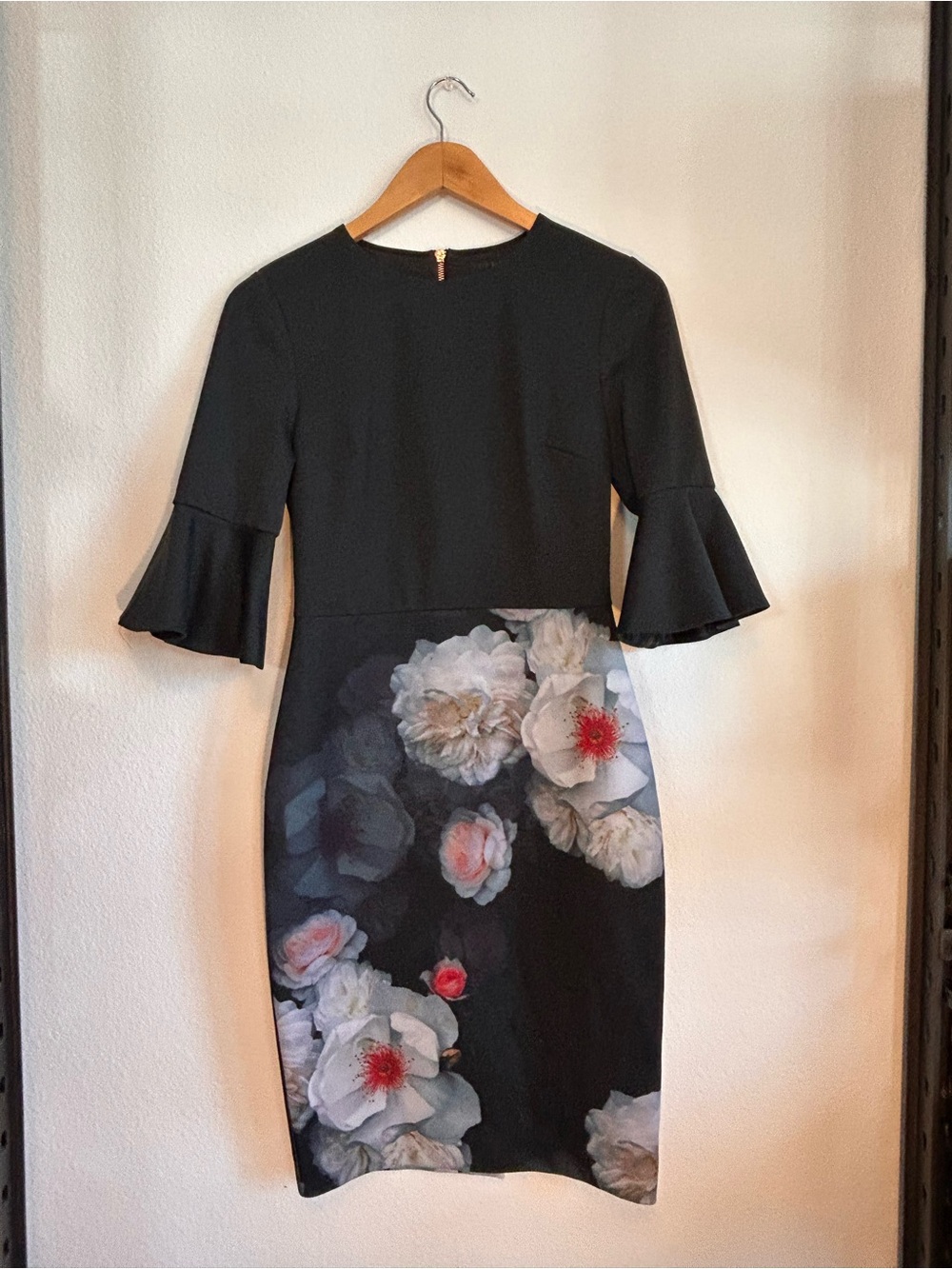 Black Floral Midi Sheath Dress with Bell Sleeves